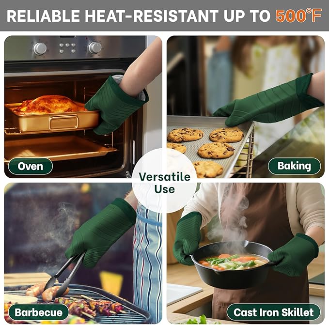 Beneno Premium Silicone Oven Mitts 2-Pack Heat Resistant 500°F, Soft Flexible Non-Slip Grips, BPA-Free & Waterproof Oven Mitts with Comfort Cotton Lining for Baking, Grilling, Cooking, 7"x13", Green
