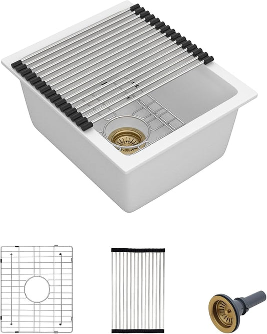 15"x18" Undermount Bar Prep Sink – White Granite Composite Quartz Classic Under Counter Single Bowl Sink Basin for Wet Bar, RV, Small Kitchen, Mobile Home