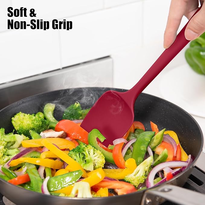 Heat Resistant Silicone Spoon Spatula, Doosu 600°F High Temp Flexible Cooking Spoons Kitchen Rubber Spoonula Scratch-Proof for Mixing Stirring Scraping Serving Non-Stick Cookware (11.4in, Red)