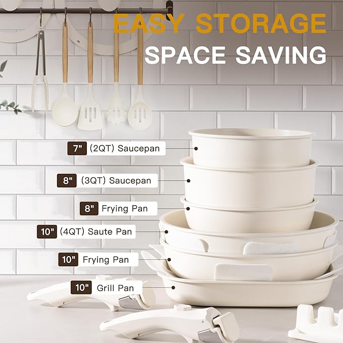 Astercook 23 Pcs Pots and Pans Non Stick Ceramic Cookware Set Detachable Handle, RV Stackable Kitchen Cooking Set Removable Handles, Oven Safe, Induction Ready, Cream White