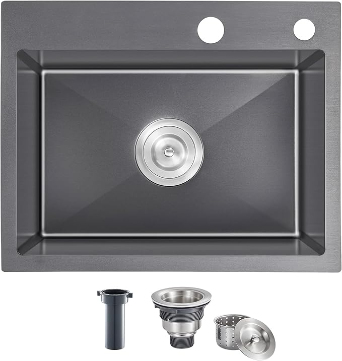 22x18 inch Drop in Kitchen Sink Black - Top mount Bar Sink Single Bowl, 9 inch Deep Stainless Steel Rv Sinks Handmade with Strainer