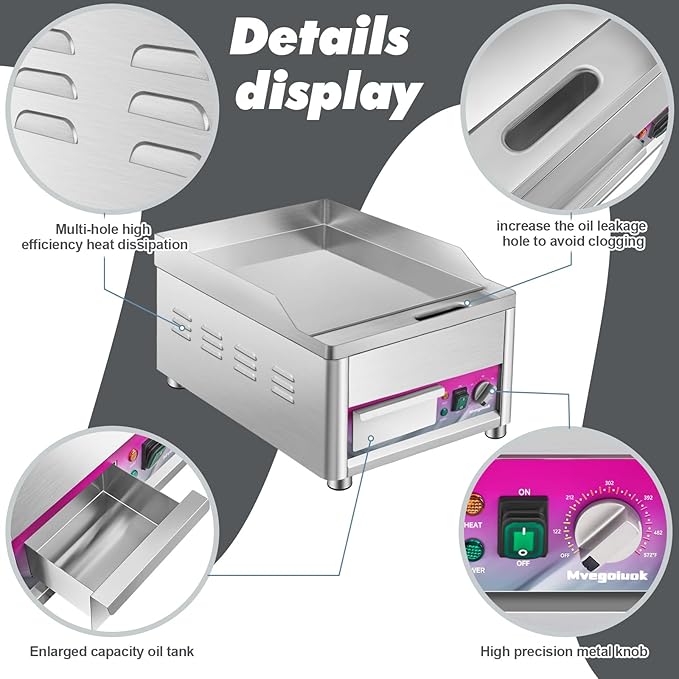 Mvegoiuok Commercial Electric Griddle 14 Inch Stainless Steel Table Top Griddle 1800W Indoor Grill Electric Flat Top Grill Smokeless