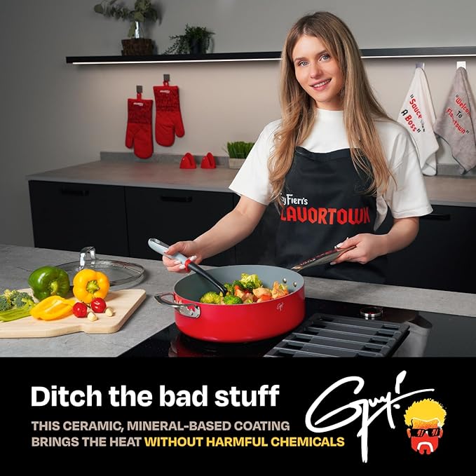 Guy Fieri's Flavortown 6-Piece Ceramic Cookware Set, 8" & 10.2" Frypans, 2QT Saucepan, 3.2QT Sautépan Nonstick, Made without PFAS PTFE PFOA, Oven & Dishwasher Safe, Easy to Clean Everyday Cookware