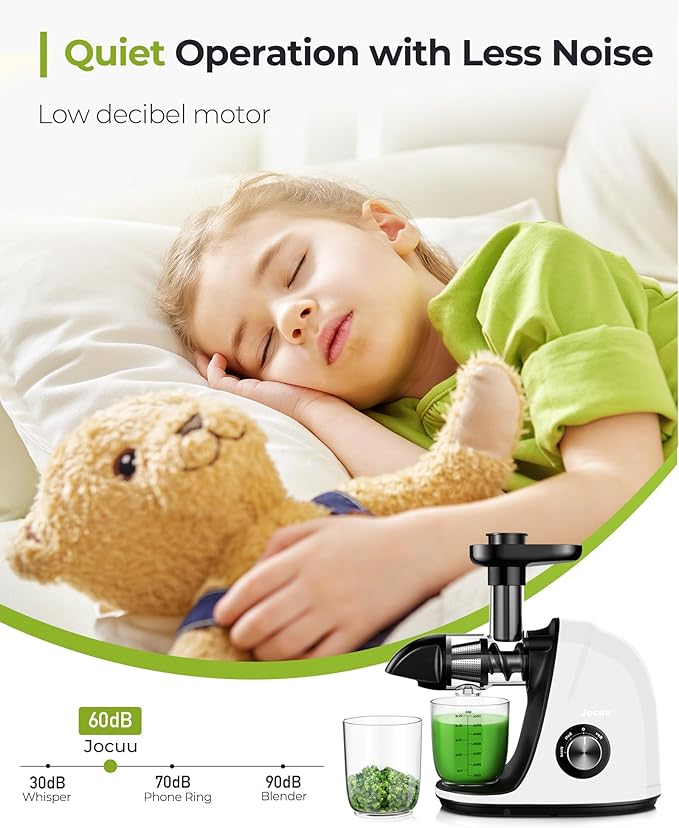 Jocuu Slow Masticating Juicer with 2-Speed Modes - Cold Press Juicer Machine - Quiet Motor & Reverse Function - Easy to Clean Juicer Extractor - Juice Recipes for Fruits & Vegetables (White)