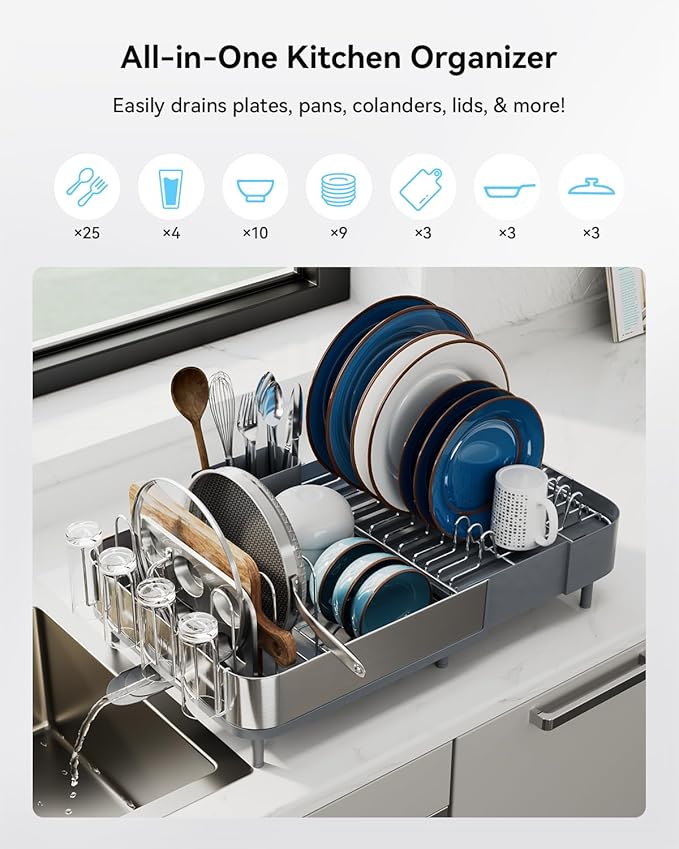 SUNLY Expandable Dish Drying Rack, Versatile Brackets for Pots & Pans, Space Saving Kitchen Drying Rack, Dish Racks for Kitchen Counter, Stainless Steel Dish Drainers with Extendable Spout, Gray
