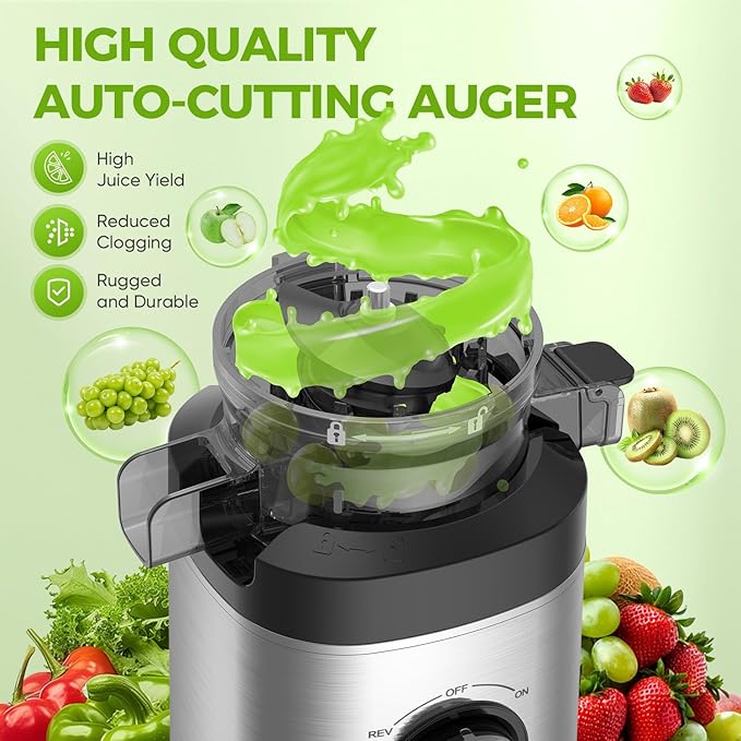 Juicer Machines, 100 Watts Cold Press Juicer with Wide Chute, Slow Masticating Juicers, High Juice Yield for Leafy Greens, Fruits & Vegetables, Easy to Clean