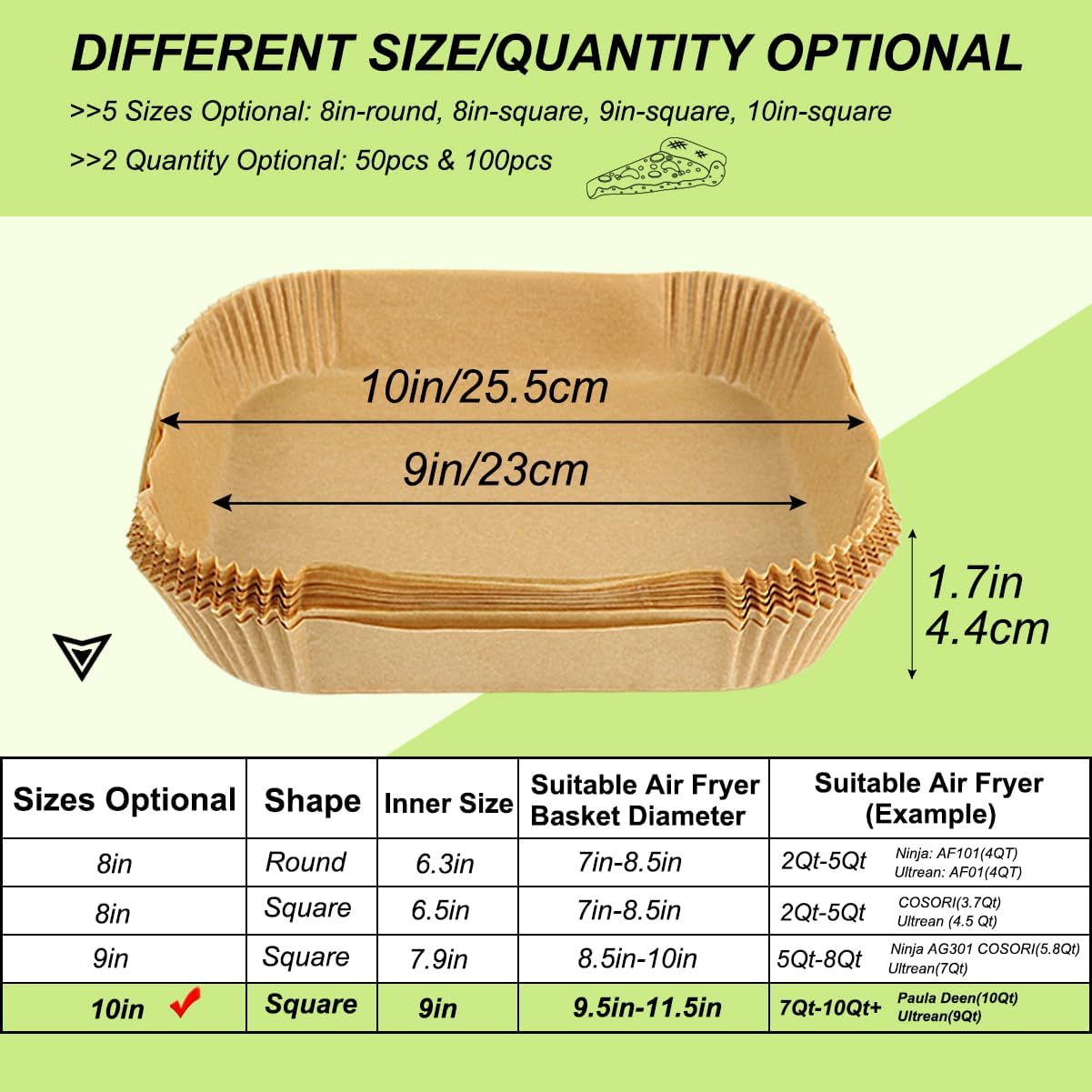 BYKITCHEN Large Air Fryer Liners, Set of 100, 10 Inch Square Air Fryer Liners, XL Airfryer Disposable Paper Liner, Compatible with Corsori, Ninja, Gourmia Airfryer and More