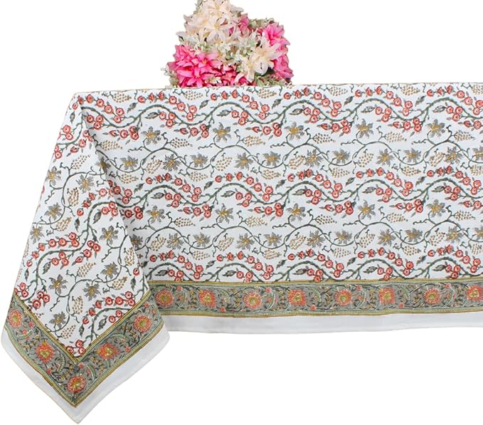 Ridhi Indian Cotton Tablecloth with Hand Block Print (Coral Pink Trails, 4 Seater 60x60 Inches Square)