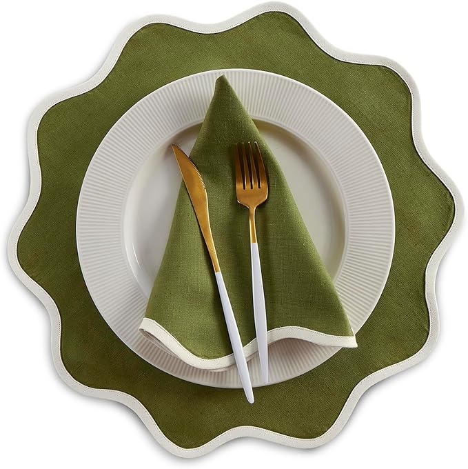 Solino Home Linen Cloth Placemats Set of 4-100% Pure Linen Ivory and Avocado Round Placemats 16 Inch for Fall, Thanksgiving, Christmas - Giselle Scallop Edge, Handcrafted and Machine Washable