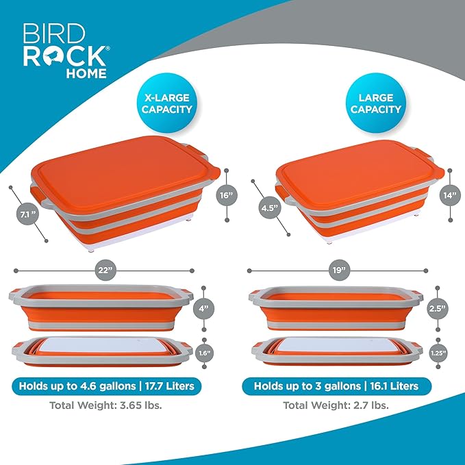 BIRDROCK HOME 2-pack Collapsible BBQ Prep Tub w/Cutting Board, Multi-Function Grill Caddy w/Colander & Lid, Portable Silicone Dish Bowl for Picnic, Tailgate, Camping (Orange, Large, X-Large)