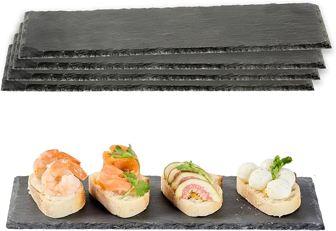 Restaurantware Slate Serving Trays 4 Pack of 11.8" x 4" Foam Feet Charcuterie Stone Plates Rustic Edges Freezable Black Serving Display Cheese Boards for Kitchen, Gourmet, Dining, Parties