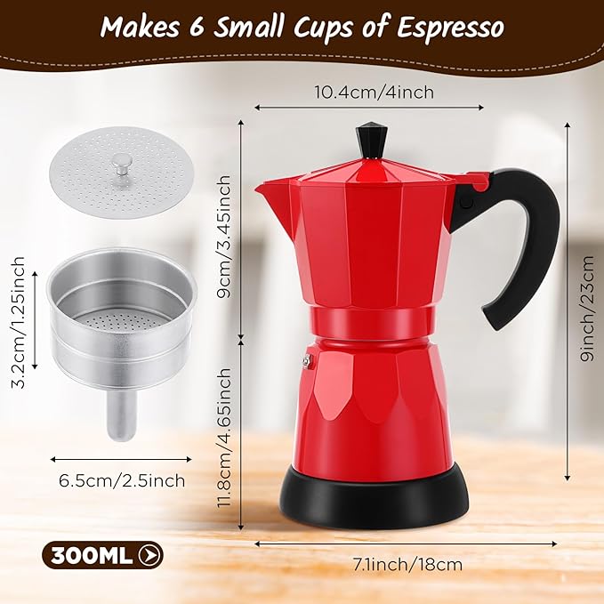 Coffee Pot 6 Cup Electric Espresso Coffee Maker Italian Moka Maker 300ml Portable Aluminum Espresso Machine Cafetera Moka Pot with Detachable Base, Gift for Home Travel(Red)