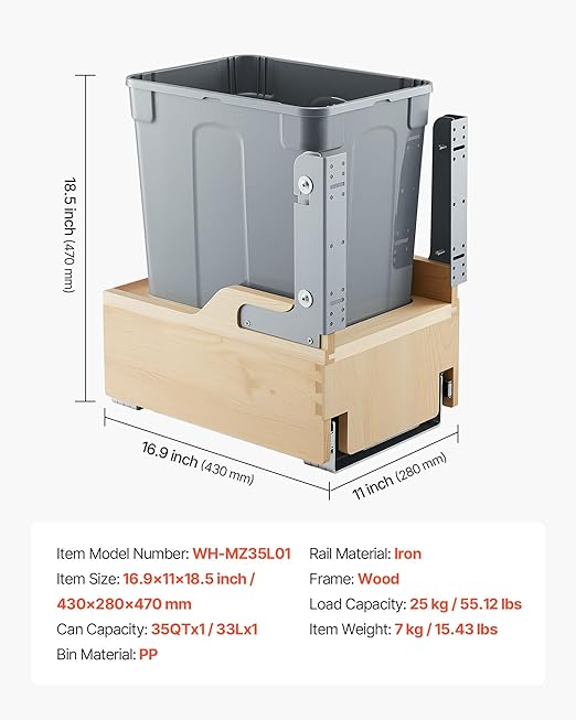 VEVOR Wood Pullout Trash Can for Kitchen Cabinets, 35 QT Garbage Waste Recycling Bin, Under Mount Waste Container, with Heavy Duty Metal Soft Close Sliding System, Door Kit, for Sink, Under Counter