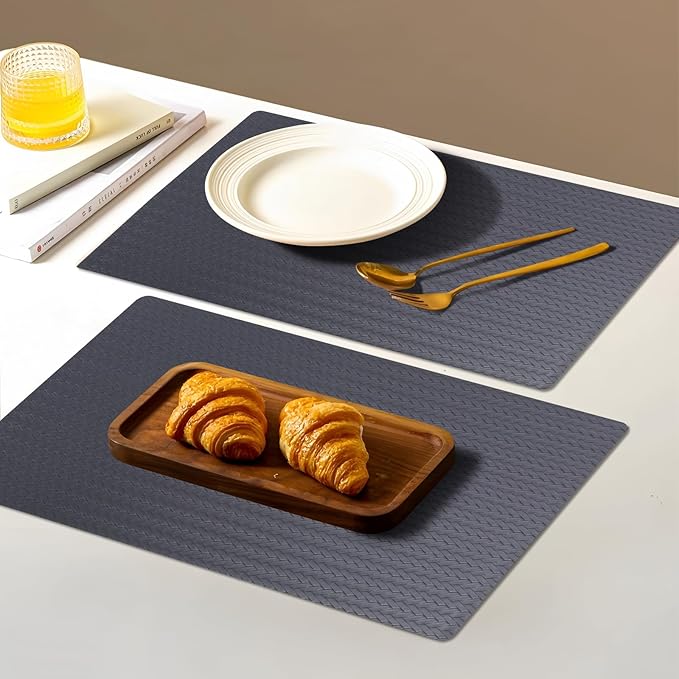 Vinyl Placemats Set of 6-12×17.7 Inch Waterproof & Heattable Placemats, Fall Faux Leather Wipeable Outdoor Table Mat for Dining, Kitchen, Indoor Outdoor Use (Dark Grey, Cable Pattern)