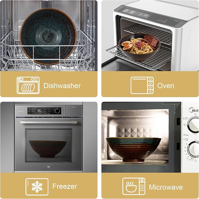 8 Inch Ceramic Ramen Bowl Set of 2, 40oz Japanese Bowls with Spoons & Chopsticks,Durable,Microwave & Dishwasher Safe,Perfect for Ramen,Pho,Salad,Soup,Noodles，Mixing bowls（Verdigris Green）