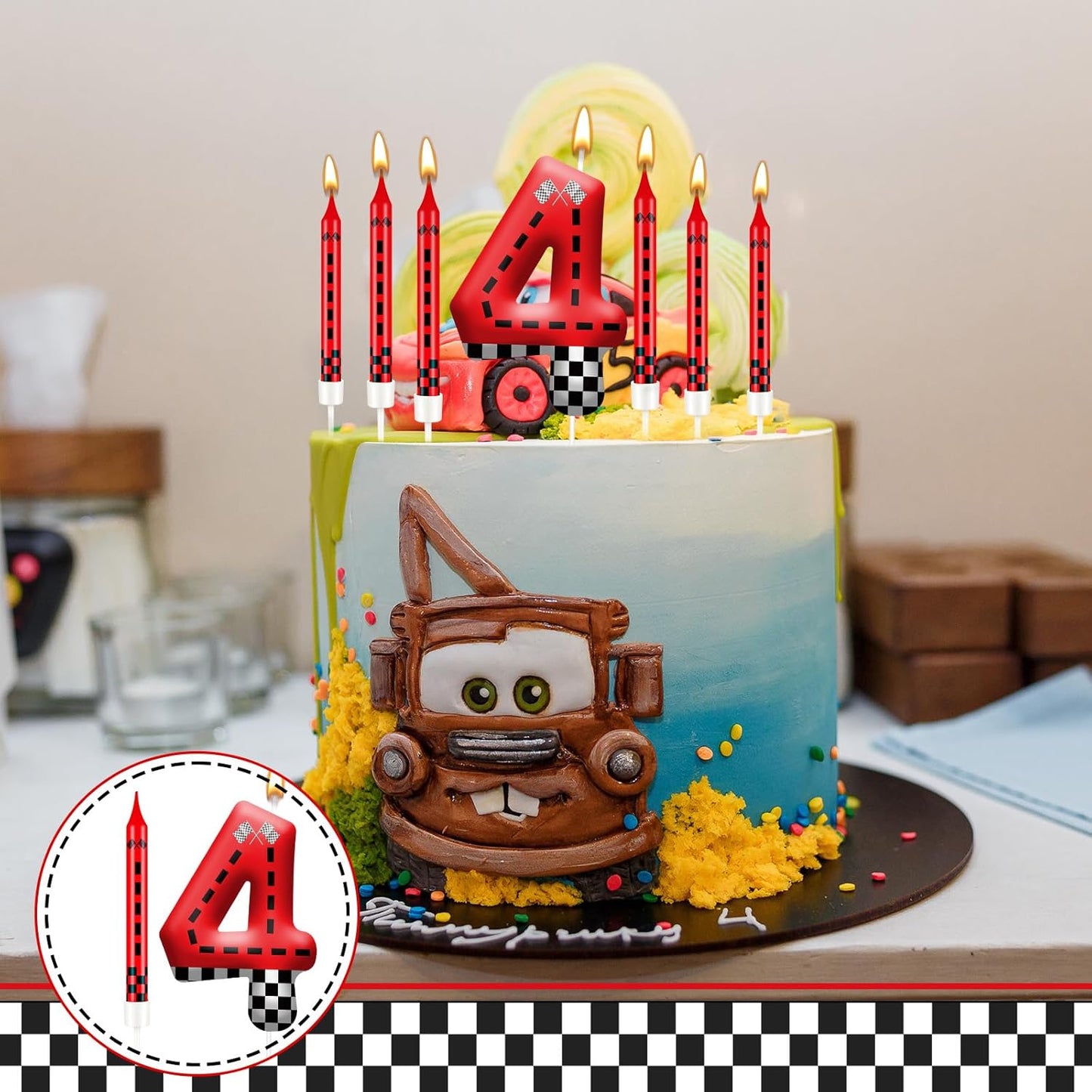 13PCS Racing Car Theme Birthday Candle Set with Checkered Flag Design - Durable Cake Topper for Race Car Party Decorations, Kids Birthday Supplies - Number 4 Candle for Racing-Themed Celebrations