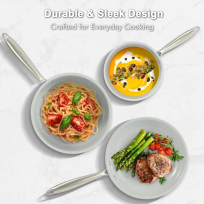 5PC Induction Cookware Set with Tempered Glass Lids, Ultra Nonstick Pots and Pans Set with Stainless Steel Handle, Oven Safe and Dishwasher Safe, Non Toxic & Ceramic Cooking Set, Cream White