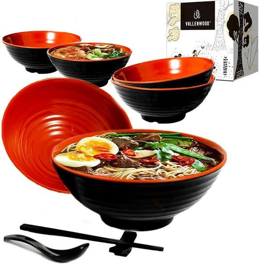 6 Ramen Bowls, 18 pieces Pho set. Red Black Asian Japanese soup. Utensil Spoons And Chopsticks kit. Melamine. Large 37 oz. Noodles, Rice, Udon, Thai, Chinese, Korean, Wonton, Miso (Red Black x6)
