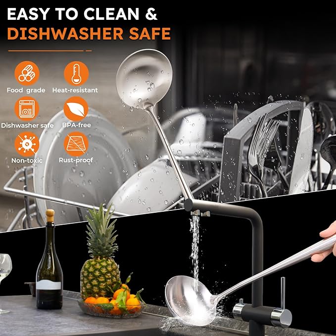 MARTE 16’’ Soup Ladle, 304 Stainless Steel Deep Ladle Spoon, [Rustproof, Integral Forming, Heat-Resistant] Metal Cooking Spoon,High-Grade Kitchen Tool for Service-Ergonomic Long Handle-Dishwasher Safe