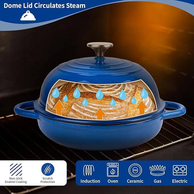 Dutch Oven for Bread Baking, 5.4 Quart Dutch Enameled Cast Iron Bread Oven, Dutch Oven for Sourdough Bread Baking, Oven Safe up to 500° F, 25 cm Blue