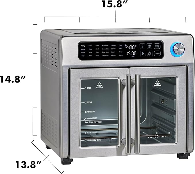 Emeril Lagasse Extra Large French Door Air Fryer Toaster Oven Combo, 24 Cooking Functions and Digital Controls, 7 Accessories Included, Stainless Steel Finish, 26QT Capacity