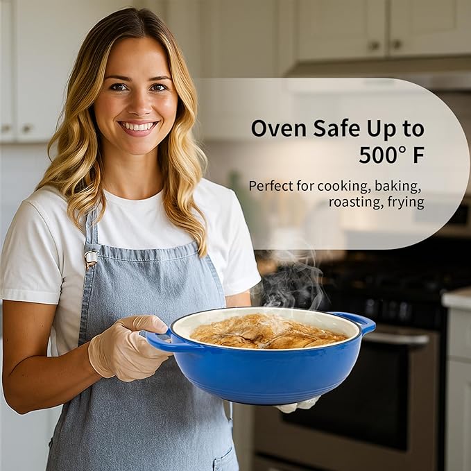 Enameled Cast Iron Dutch Oven Pot with Lid, 3 Quart Shallow Dutch Oven, Oven Safe up to 500° F, Suitable for Bread Baking, Braising, Roasting, Stews, Blue