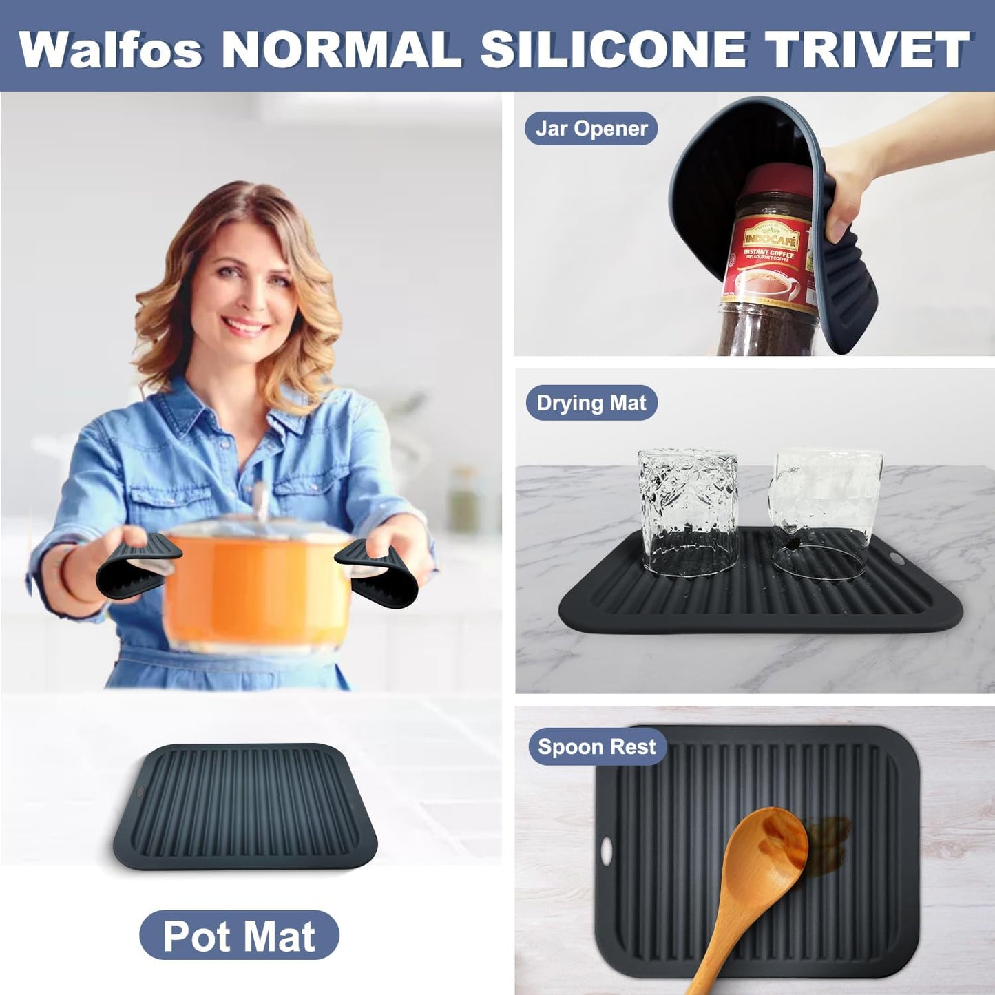 Walfos XXL Silicone Trivet 16" and Large 12" and Round & Square 7", Trivets for Hot Pots and Pans, Heat Resistant Pot Holders Hot Pads for Quartz Countertops, 7 Pack