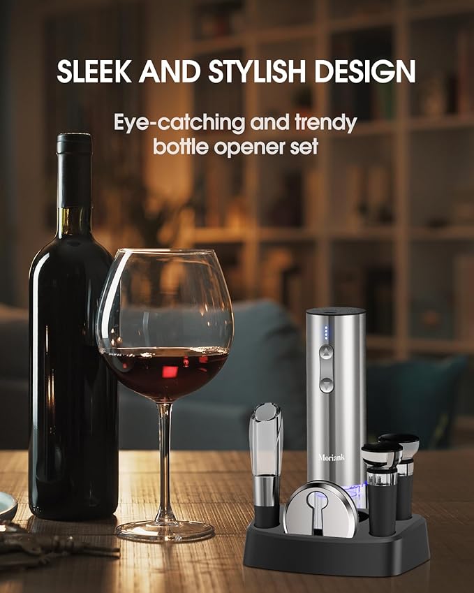 Electric Wine Opener Set with Stand, Wine Gift Set with Rechargeable Wine Opener, Wine Aerator, Vacuum Stoppers and Foil Cutter, 6-in-1 Wine Bottle Opener Set for Home Party Bar Outdoor Gift