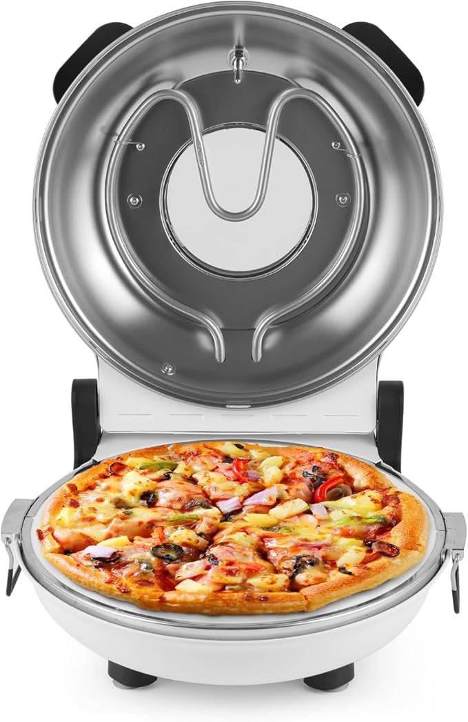 KLAIF 12" Electric Countertop Pizza Oven With Ceramic Stone, Dual Adjustable Temperature Controls, Includes 4 Pizza Tools (White)