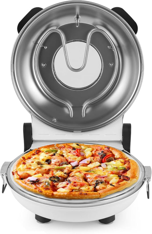 KLAIF 12" Electric Countertop Pizza Oven With Ceramic Stone, Dual Adjustable Temperature Controls, Includes 4 Pizza Tools (White)