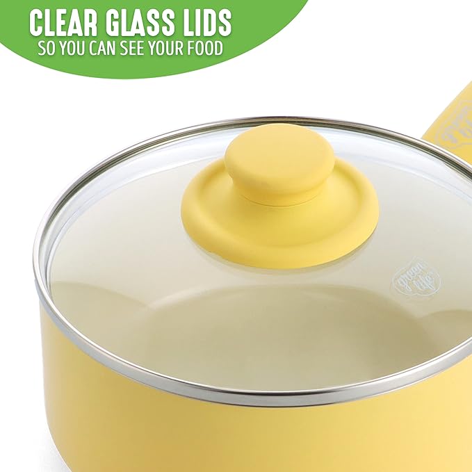 GreenLife Soft Grip 1QT and 2QT Saucepan Set, Healthy Ceramic Nonstick, Non Toxic PFAS & PFOA-Free, Dishwasher Safe, Glass Lids, Stay-Cool Handles, Easy Clean Cookware, Kitchen Essentials, Yellow