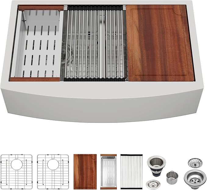 Logmey 33 Farmhouse Sink Double Bowl - 33x21 Inch Stainless Steel Apron Front Kitchen Sink Ledge Workstation Low Divide Double Bowl 50/50 16 Gauge Farm Kitchen Sinks