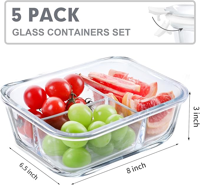 VERONES 5 Pack Glass Meal Prep Containers 3 Compartment Set, 36OZ Airtight Glass Lunch Containers, Food Storage Containers with Lids, for Microwave, Oven, Freezer & Dishwasher Friendly,White