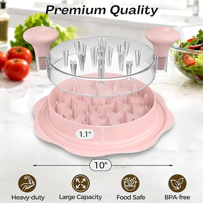 10'' Pro Chicken Shredder Tool Twist Large for Kitchen, BPA-Free Food-Safe Meat Grinder, Visible Chicken Breast Meat Shredder with Strong Anti-Slip Bottom & Ergonomic Handle, Pink
