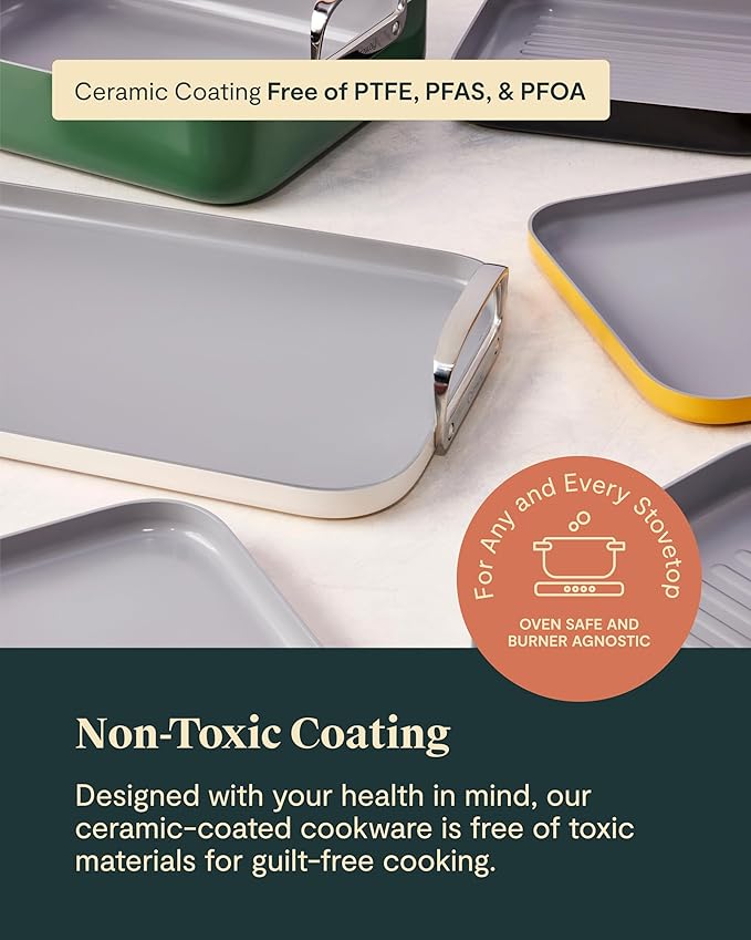 Caraway Square Cookware Set - Square Pans Set - Perfect for Griddling, Toasting, Searing, Roasting, and More - Non-Stick Ceramic Coated Pans - Non Toxic, PTFE & PFOA Free - Cream