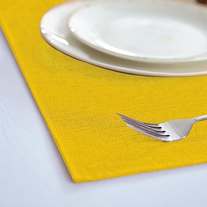 Linen Fabric Placemats Set of 4, Machine Washable, Heat Resistant, Wrinkle Free, Thick Polyester Kitchen Place Mats for Dining Table (Yellow)