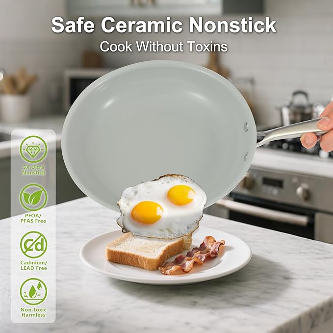 5PC Induction Cookware Set with Tempered Glass Lids, Ultra Nonstick Pots and Pans Set with Stainless Steel Handle, Oven Safe and Dishwasher Safe, Non Toxic & Ceramic Cooking Set, Cream White