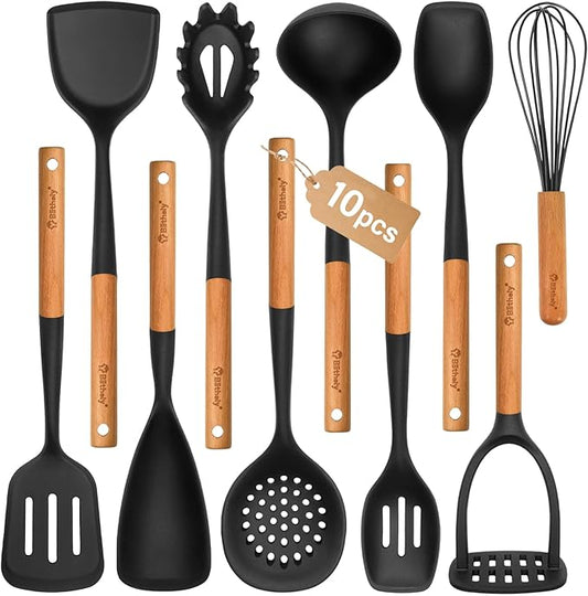 Large Silicone Cooking Utensils Set, 10Pcs Nonstick Kitchen Utensil Set with Wooden Handle, Heat Resistant Silicone Utensils for Cooking, BPA Free Spatula Set with Turners Spoon Ladle Skimmer(Black)