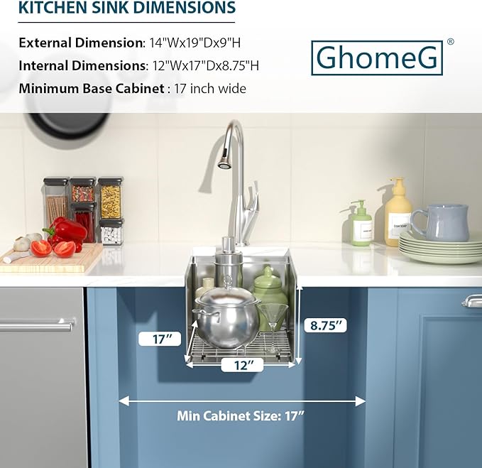 Undermount Bar Sink 14x19 Inch Kitchen Sink Single Bowl Workstation 16 Gauge Stainless Steel Small Bar Sinks with Practical Accessories