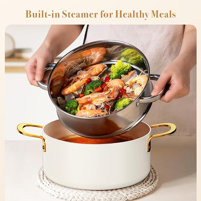 PekGema Ceramic Cookware Set 15-Pieces, Pots and Pans Set Non Stick, Oven Safe Non Toxic, Kitchen Cookware Set, PFOA PTFE FREE, Gold White