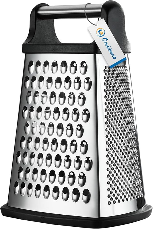 Professional Cheese Grater - Stainless Steel, XL Size, 4 Sides - Perfect Box Grater for Parmesan Cheese, Vegetables, Ginger - Dishwasher Safe - Black