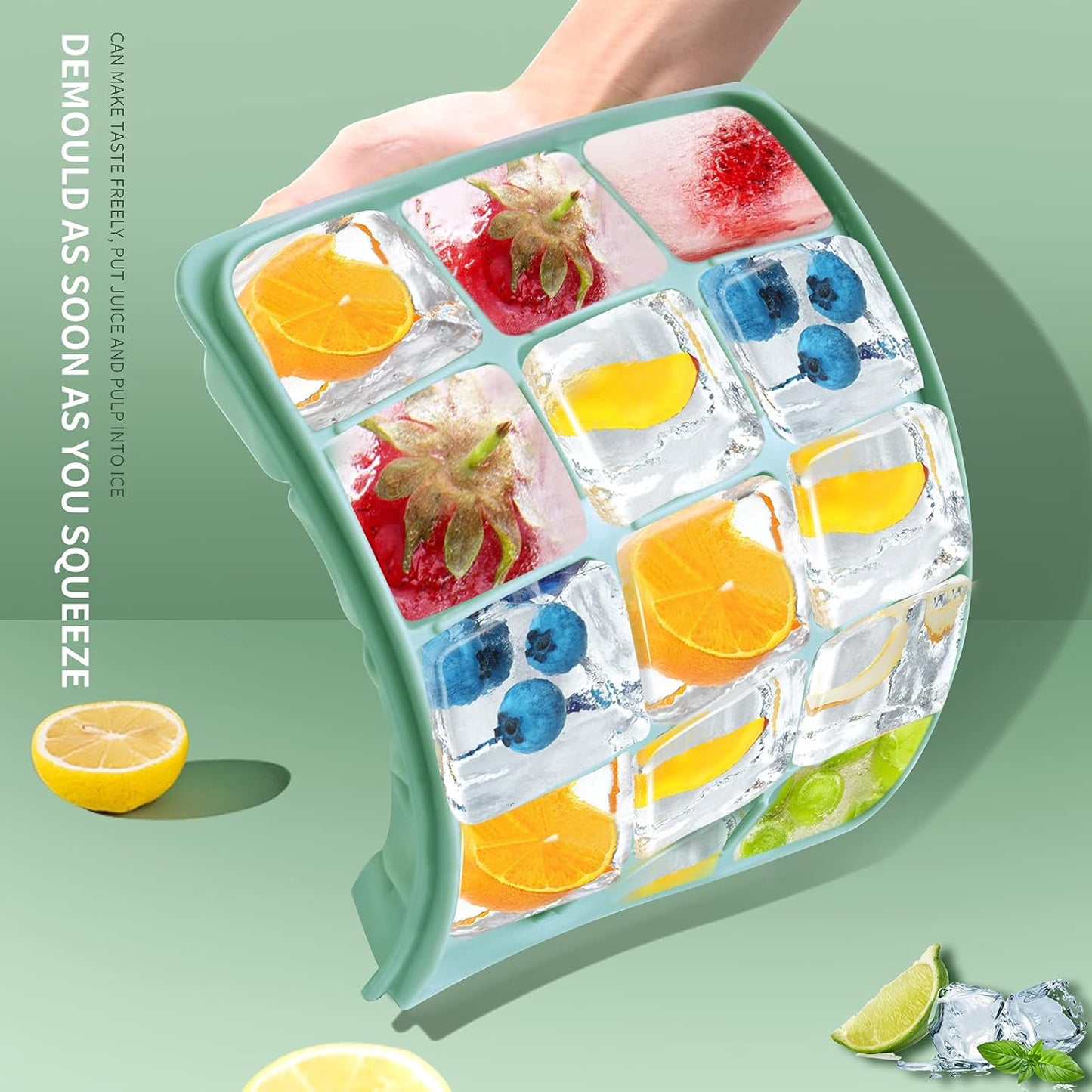 Ice Cube Trays Set of 2, Easy Release 15 Flexible Silicone Ice Cube Molds with Removable Lid Reusable Freezer Ice Trays Stackable for Whiskey, Baby Food, BPA Free (GREEN+GRAY)