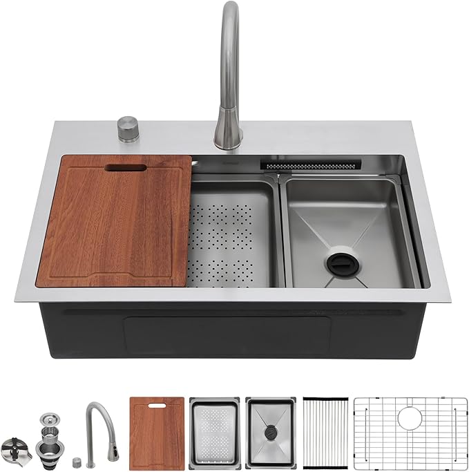 Lordear 31 Drop Kitchen Sink with Faucet Combo - 31"x20" Waterfall Kitchen Sink Workstation Stainless Steel 16 Gauge Single Bowl Topmount Handmade Sinks with Pull Out Faucet
