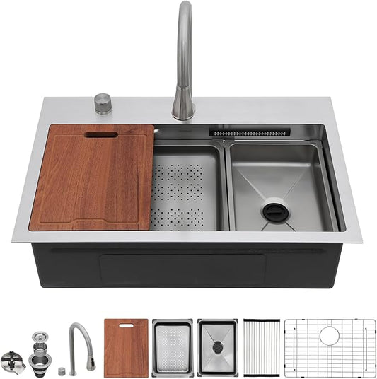 Lordear 31 Drop Kitchen Sink with Faucet Combo - 31"x20" Waterfall Kitchen Sink Workstation Stainless Steel 16 Gauge Single Bowl Topmount Handmade Sinks with Pull Out Faucet
