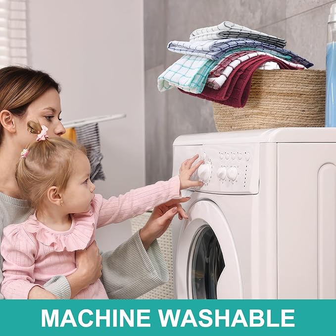 Homaxy Premium Cotton Kitchen Towels 16"x 28", Large Natural Ring Spun 390 GSM Dish Towels, Super Absorbent Terry Kitchen Hand Towels, Soft Tea Towel with Hanging Loop, Aqua Check Design, 6 Pack