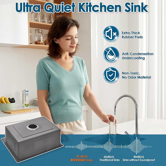 ROVOGO 24 inch Kitchen Sink Drop in, 304 Stainless Steel Single Bowl Top Mount, 9 inch Deep Modern Sink for Kitchen, Brushed, 24"x18"x9"