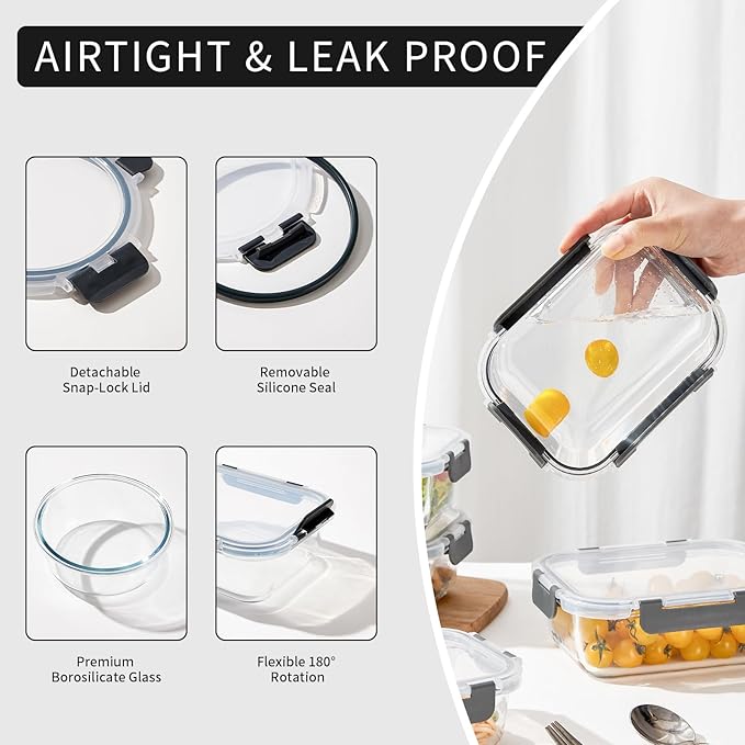 24 Pieces Glass Meal Prep Containers, Glass Food Storage Containers with Lids, Reusable Airtight Leakproof Lunch Bento Boxes Freezer, Microwave Oven and Dishwasher, Gray