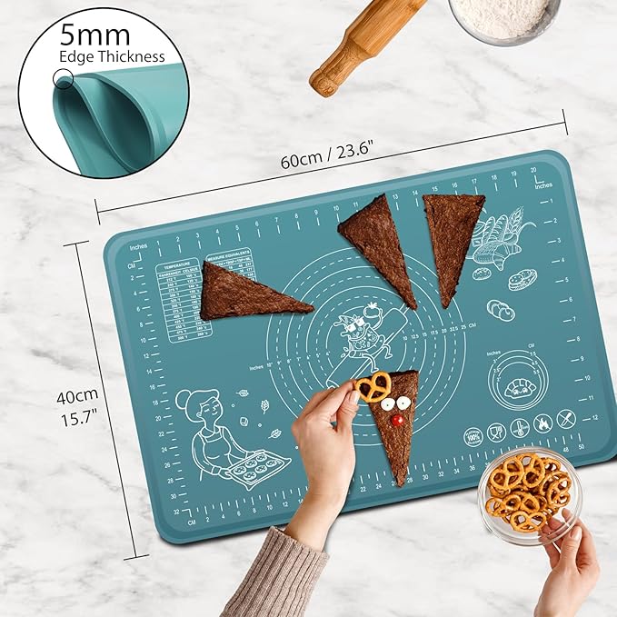 Silicone Pastry Mat 24" x 16" Extra Thick Non Stick Baking Mat with Measurements and Edge Heightening, Food Grade Silicone Rolling Mat for Pastry, Bread, Cookies, Pizza, Fondant, Pasta