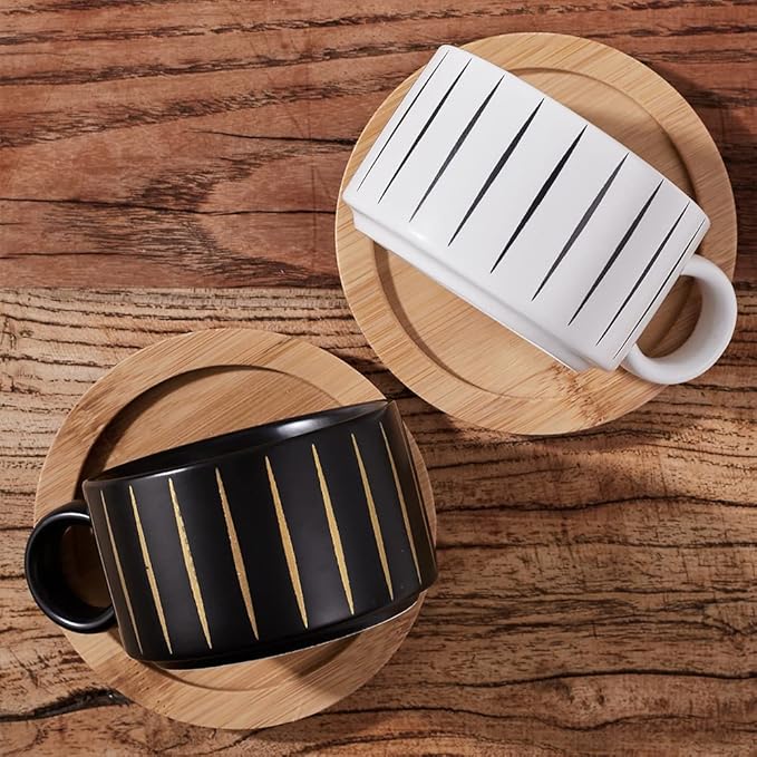 LUKA Porcelain Espresso Cup with Saucer and Metal Stand, 6 Ounce Stackable Ceramic Demitasse Espresso Mugs Cappuccino Cups Set for Latte,Coffee,Cafe Mocha,Tea(Set of 4)