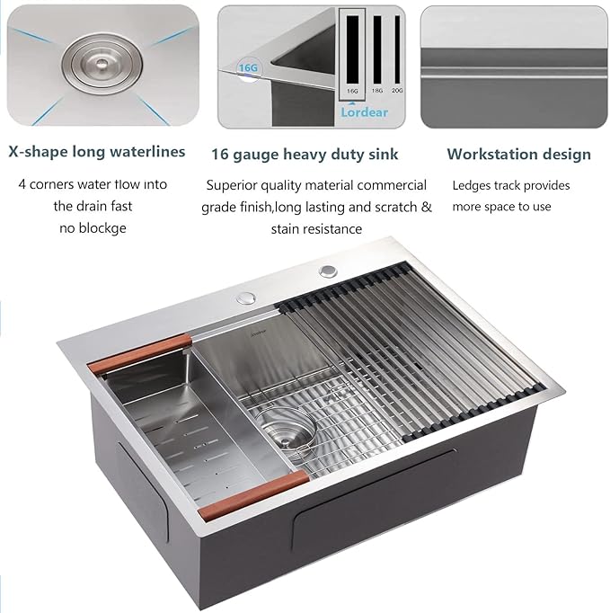 Lordear Kitchen Sink Drop In 28x22 Topmount 16 Gauge Stainless Steel Single Bowl Ledge Workstation Kitchen Sink Basin